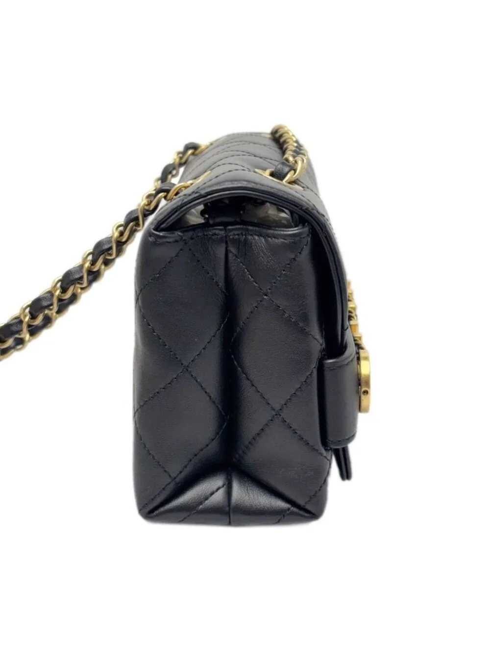 Chanel Shoulder Bag Quilted Logo Chain Black Gold Lambskin